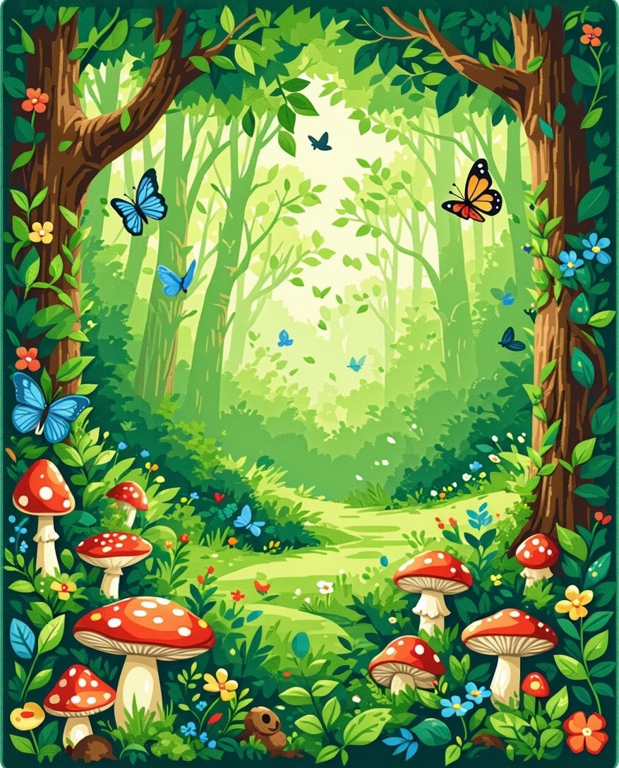 Enchanted Forest Butterfly Mushroom Design Rug