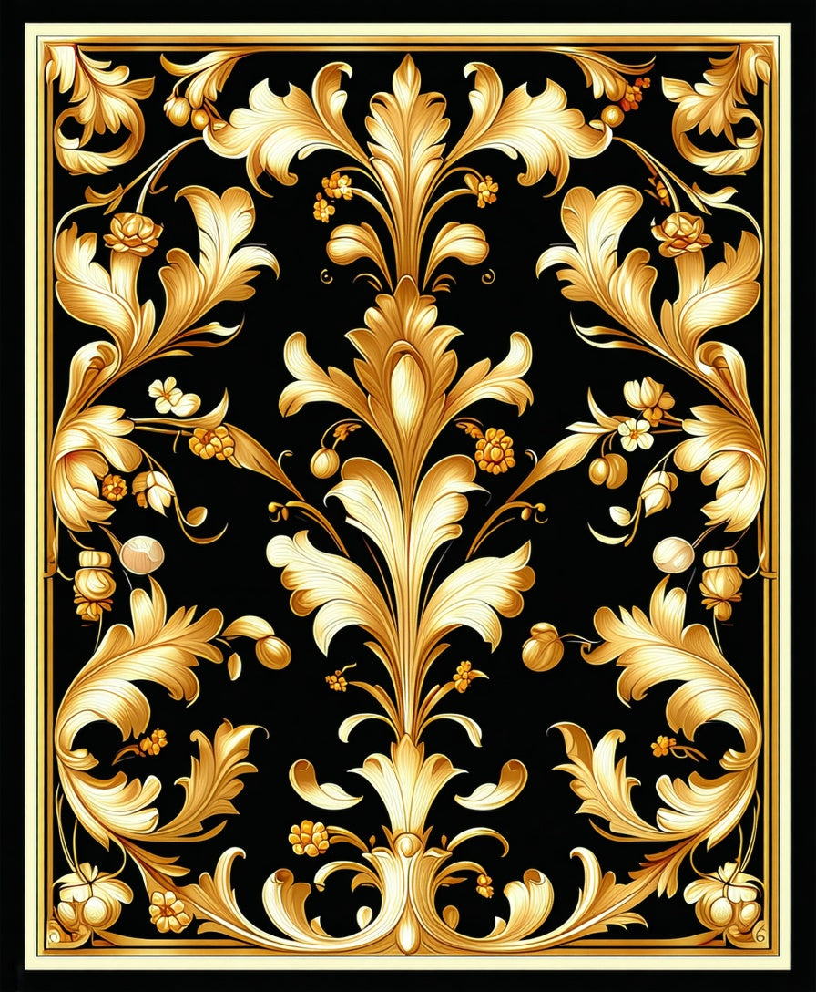 Ornate Floral Scrollwork Gold Black Design Rug