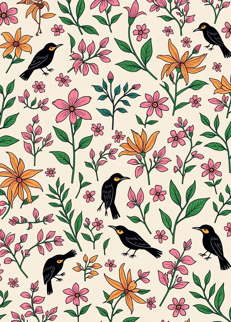 Whimsical Birds and Botanical Flowers Pattern Rug