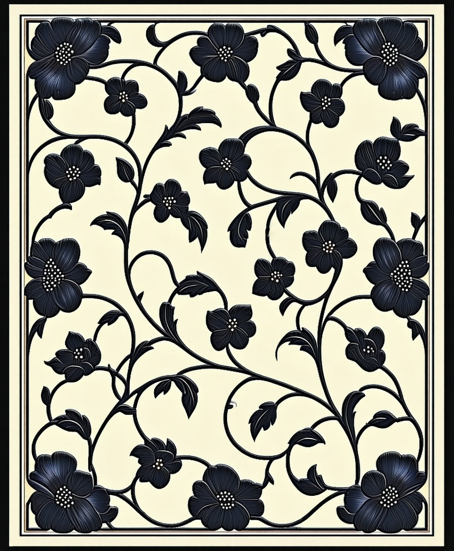 Elegant Black Floral Vine Pattern Rug