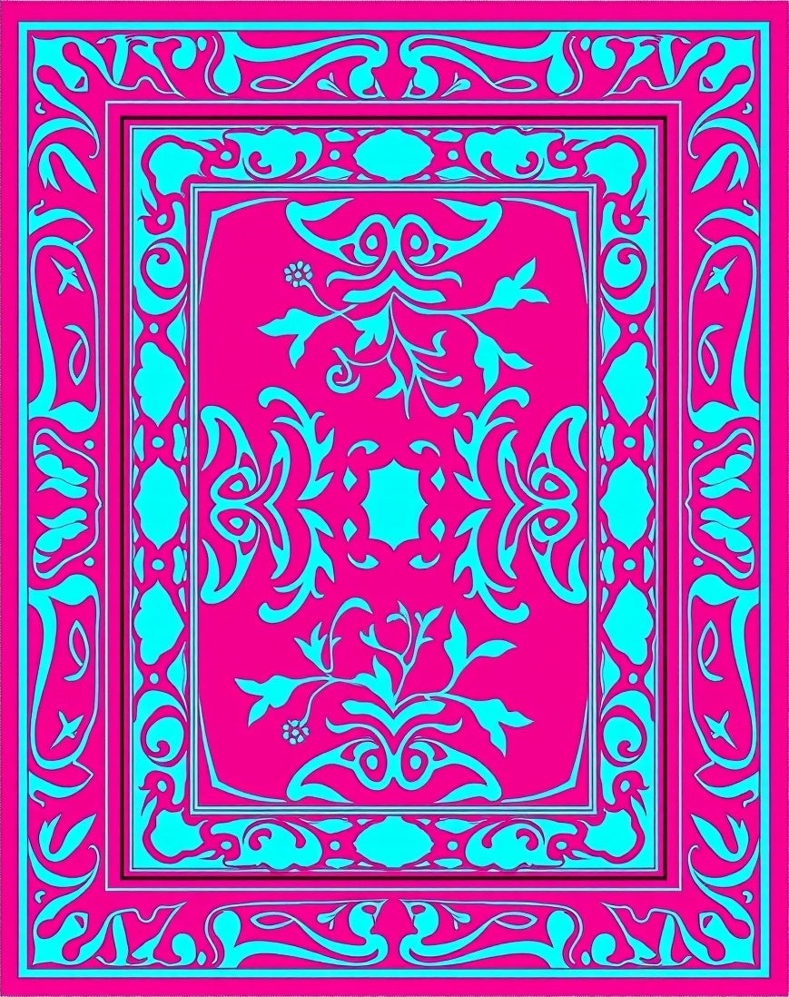 Vibrant Pink Cyan Floral Border Rug