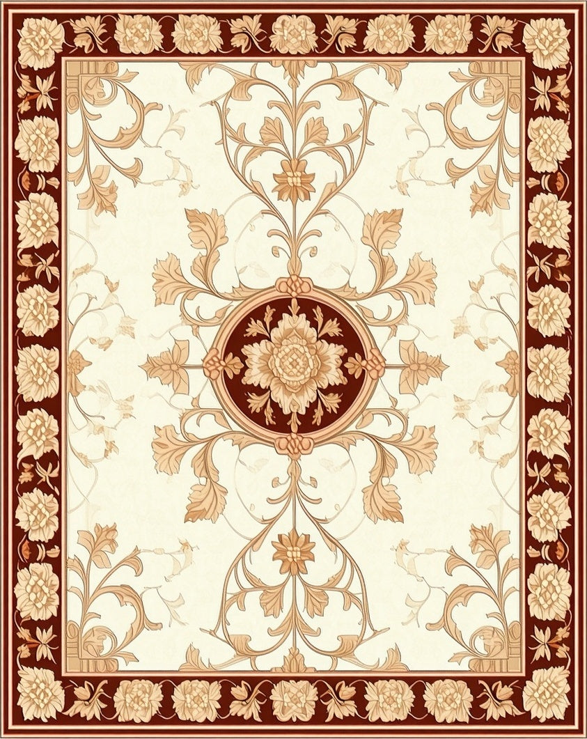 Cream Floral Vine With Maroon Border Rug