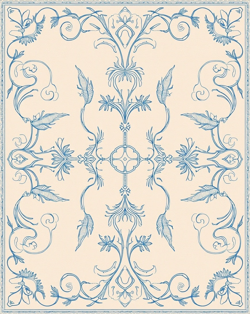 Elegant Blue Floral Damask Pattern Rug