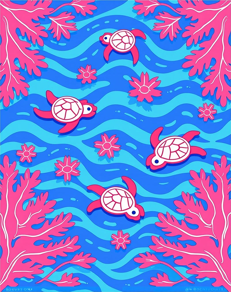 Playful Sea Turtle Coral Pattern Rug