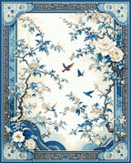 Blue Floral Birds With Waves Design Rug