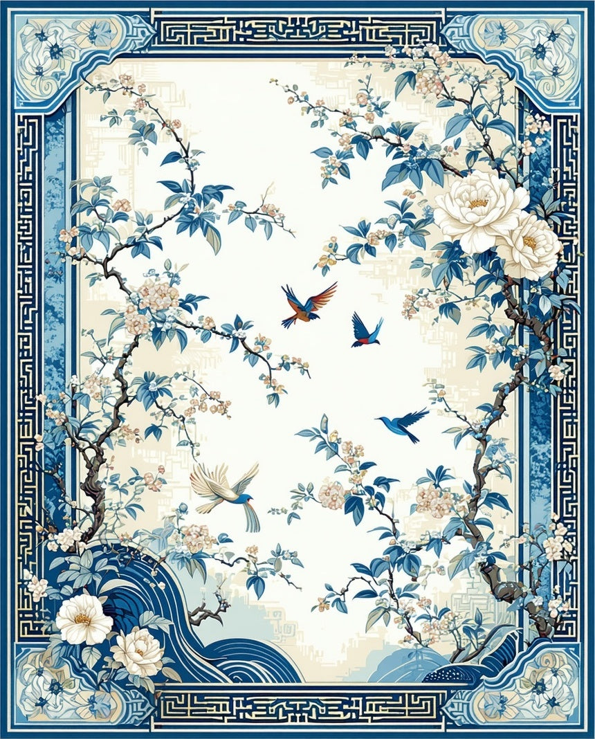 Blue Floral Birds With Waves Design Rug