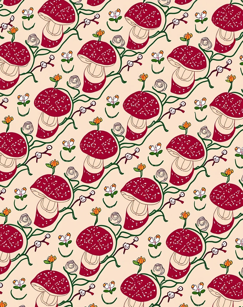 Whimsical Red Mushroom Floral Pattern Rug
