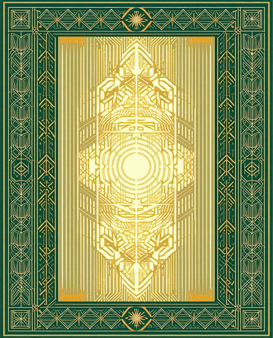 Art Deco Green Gold Geometric Tapestry Rug