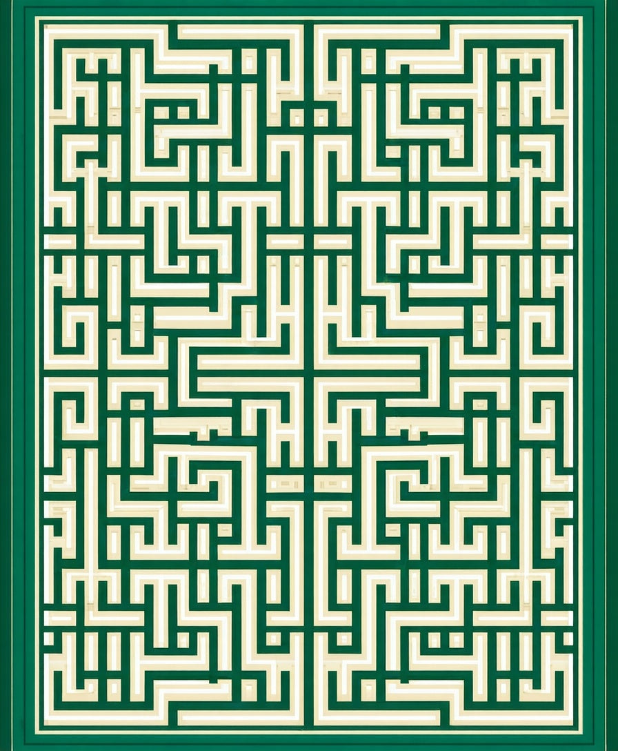 Intricate Green Geometric Maze Design Rug