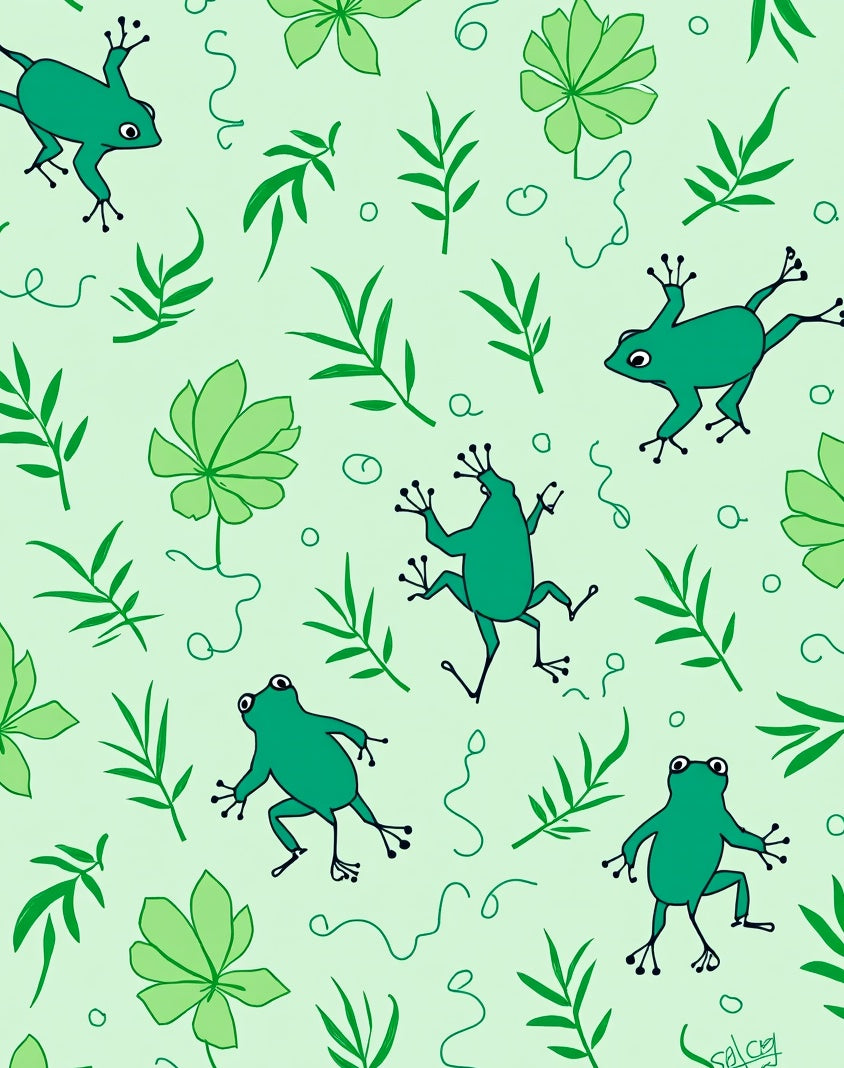 Playful Frogs Among Green Leaves Pattern Rug