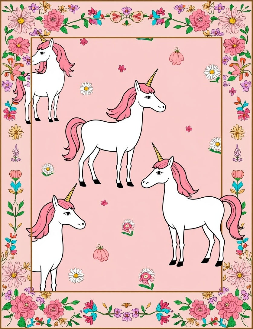 Enchanting Unicorns Floral Frame Design Rug