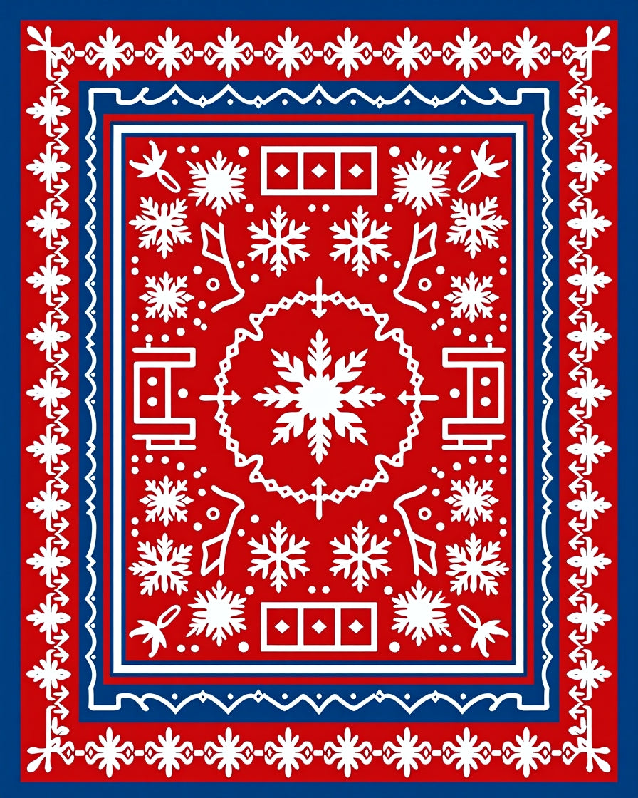 Red White Blue Folk Snowflakes Border Rug
