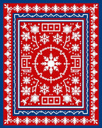 Red White Blue Folk Snowflakes Border Rug