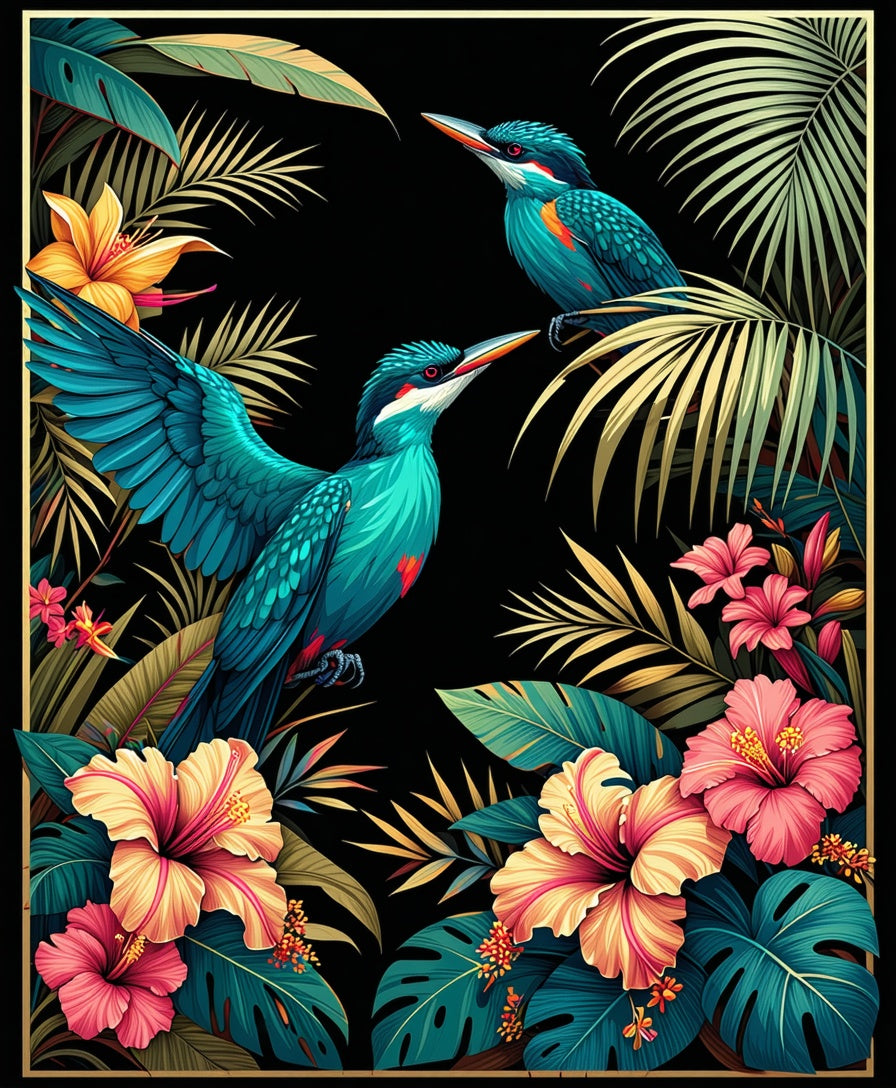 Lush Tropical Birds Hibiscus Floral Design Rug