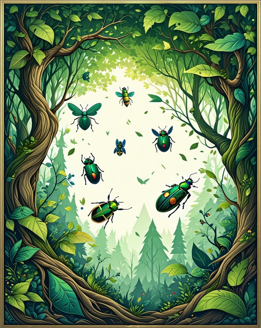 Vibrant Green Insect Forest Woodland Rug