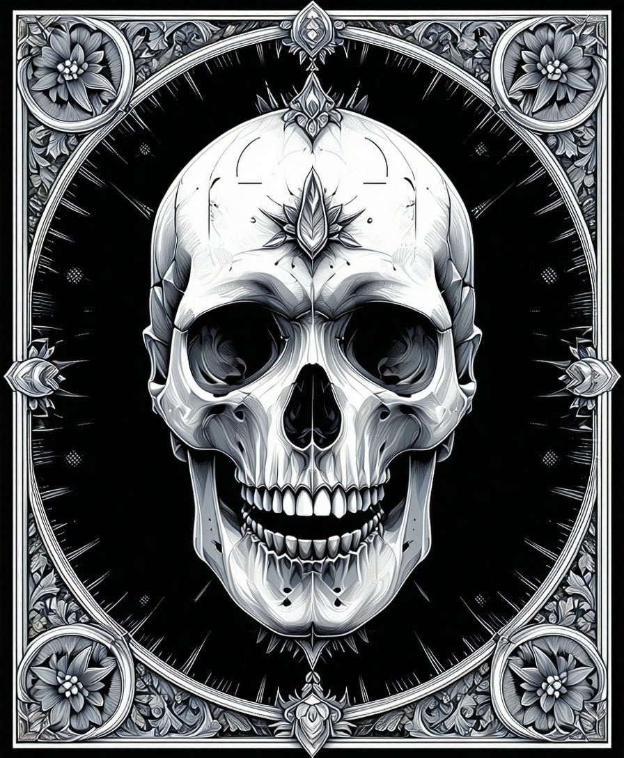 Ornate Black White Skull Rug