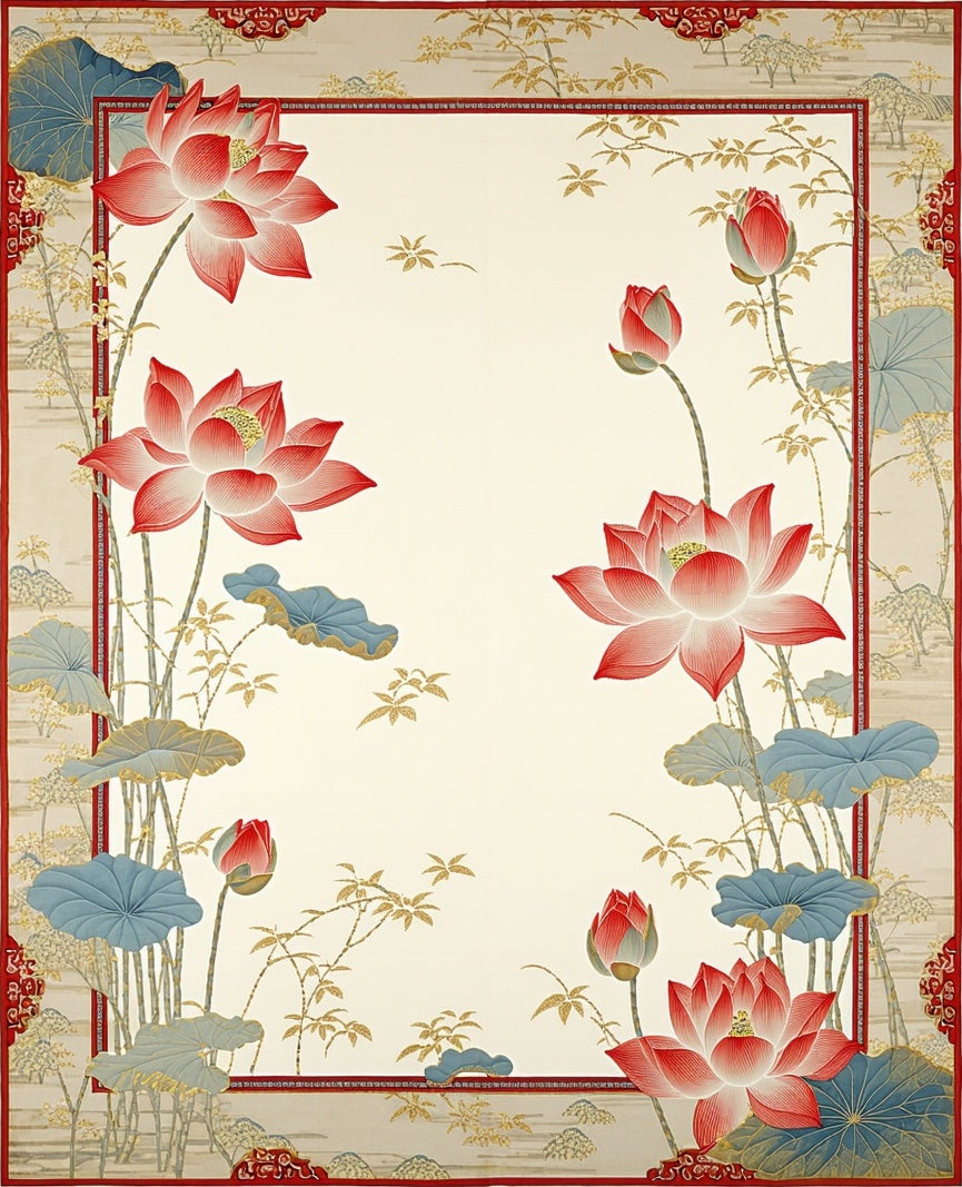 Elegant Red Lotus Floral Garden Rug