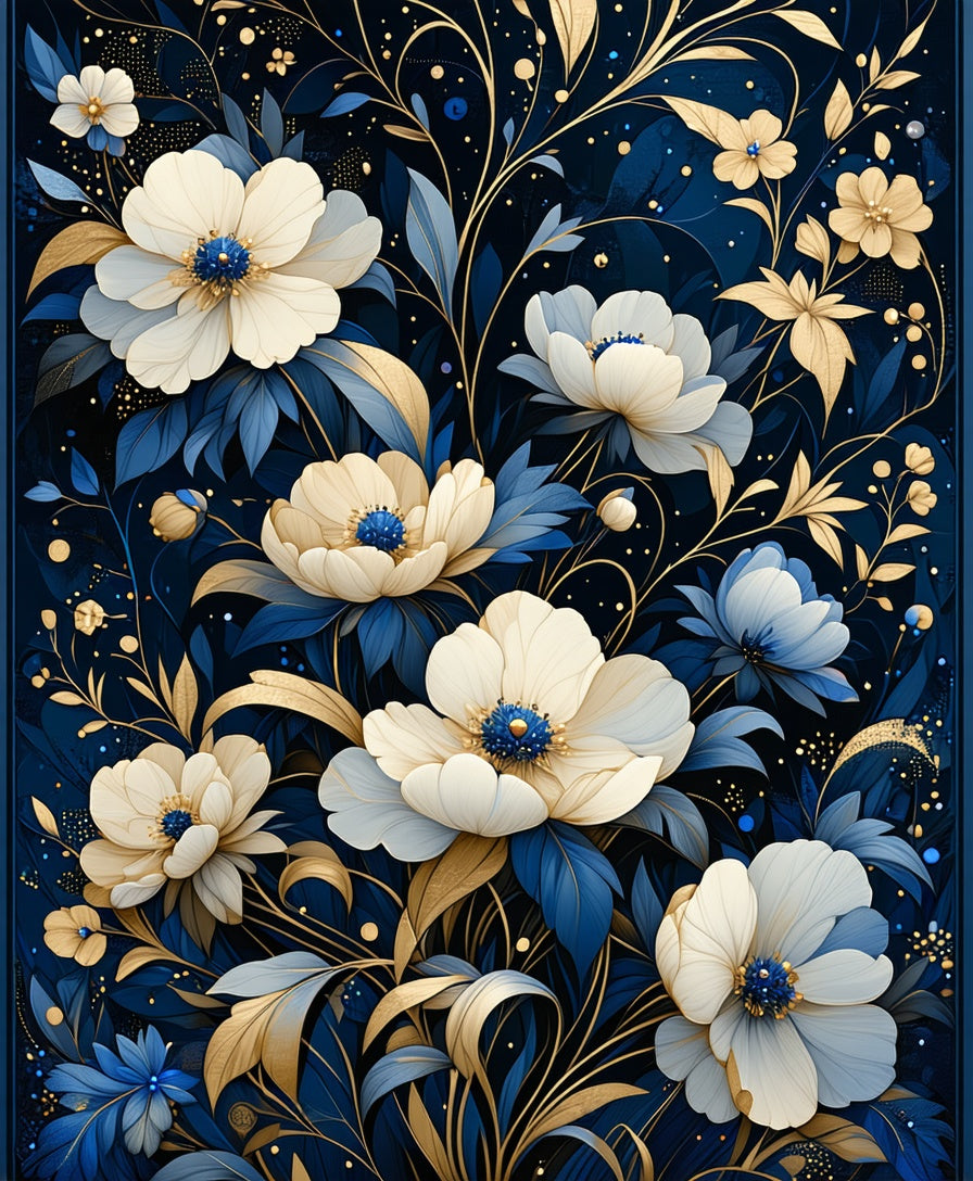 Elegant Floral Cobalt Gold Pattern Rug