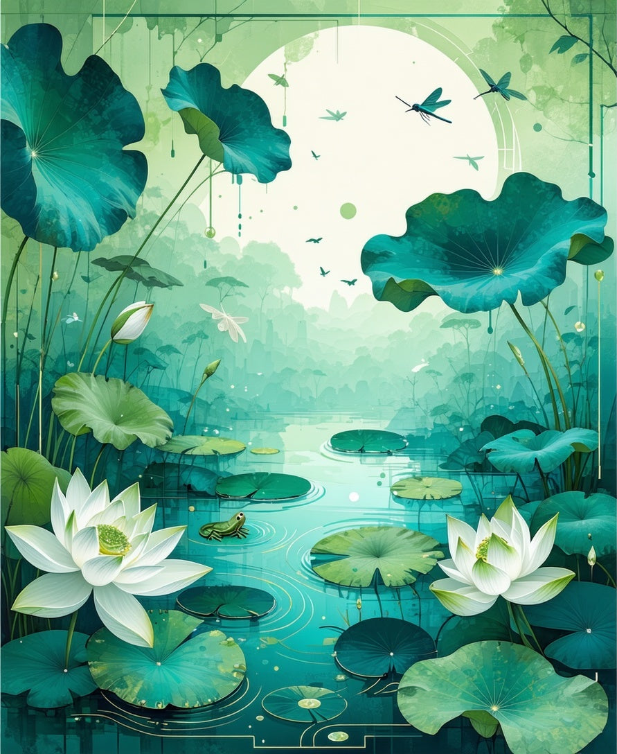 Serene Lily Pad Dragonfly Pond Design Rug