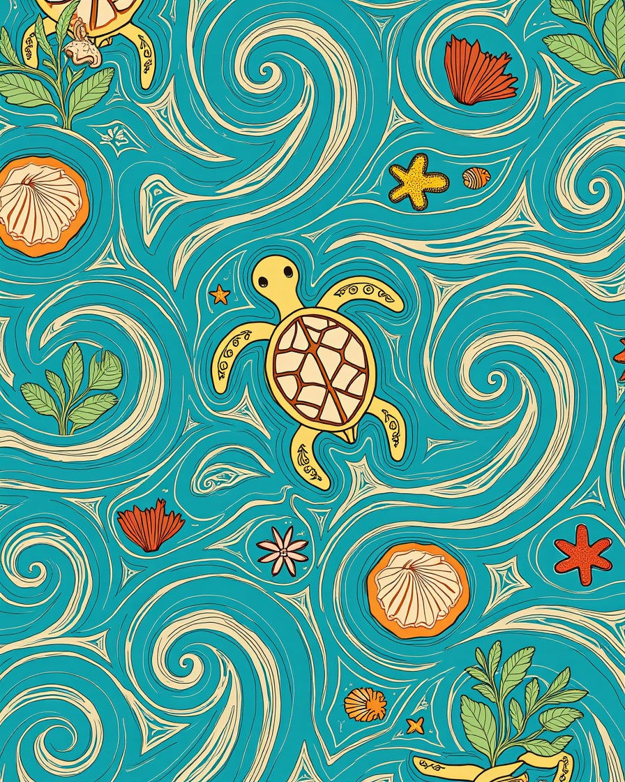 Whimsical Turtle Ocean Swirl Pattern Rug