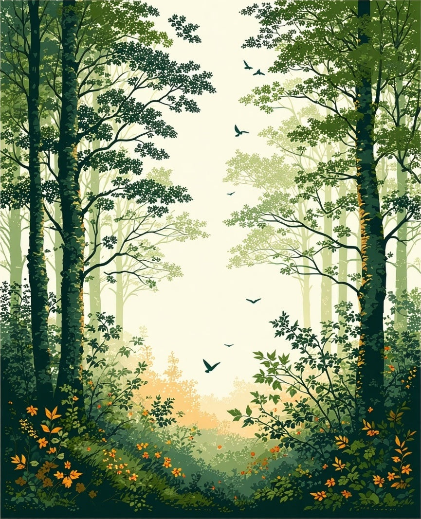 Nature Forest Path with Flying Birds Rug