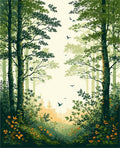 Nature Forest Path with Flying Birds Rug
