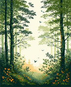Nature Forest Path with Flying Birds Rug