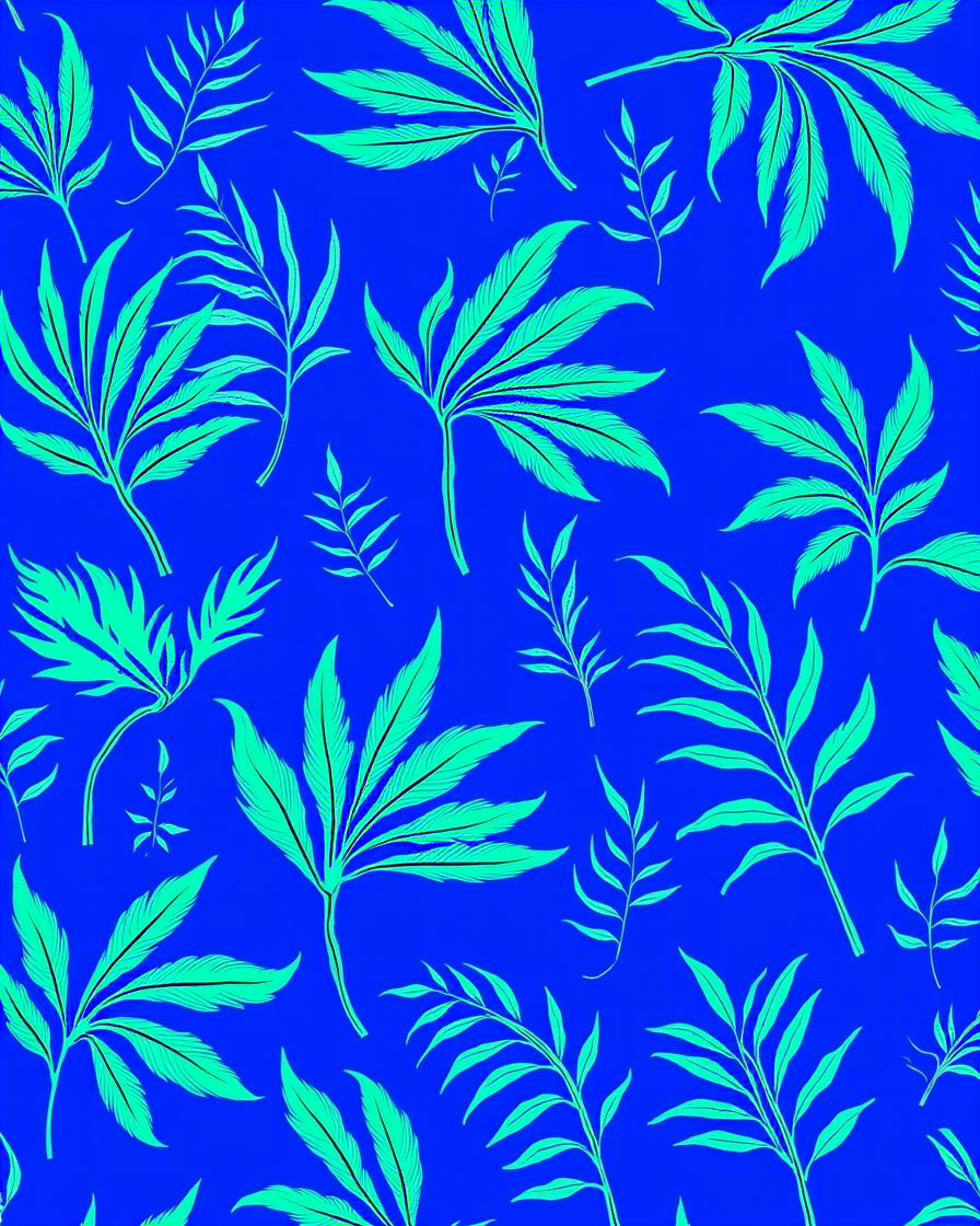 Bright Blue Tropical Leaf Pattern Rug