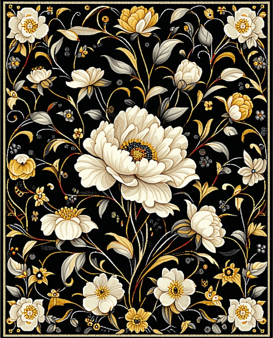 Black Floral Art Deco inspired Rug