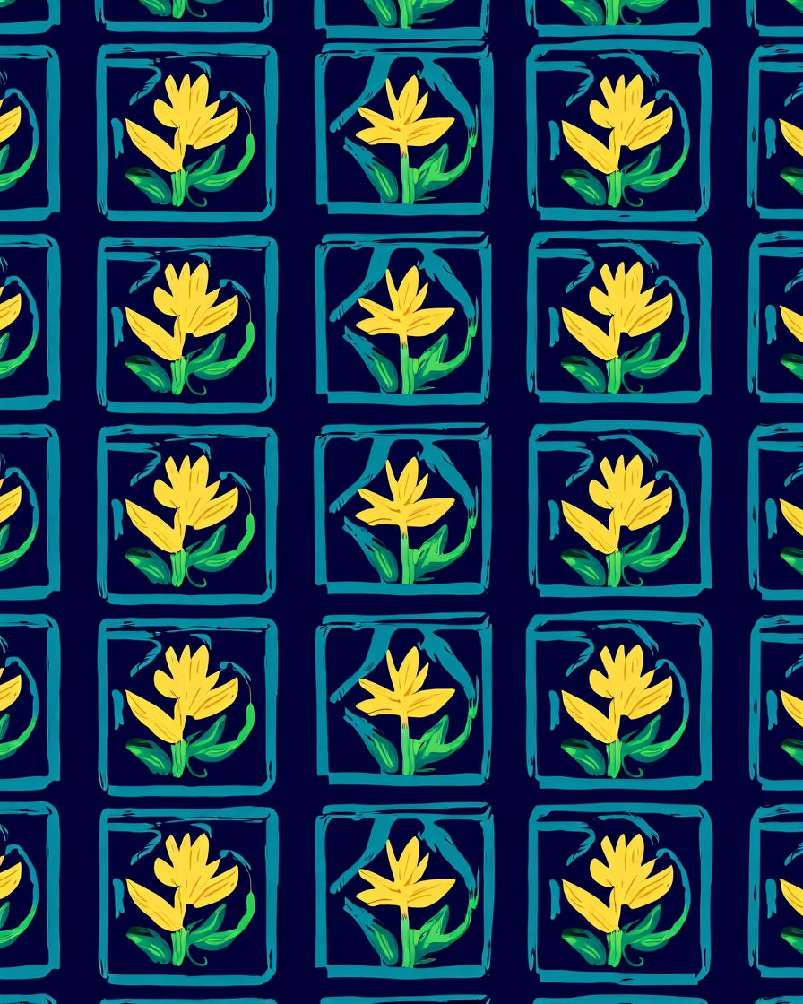 Yellow Floral Tile Pattern Rug