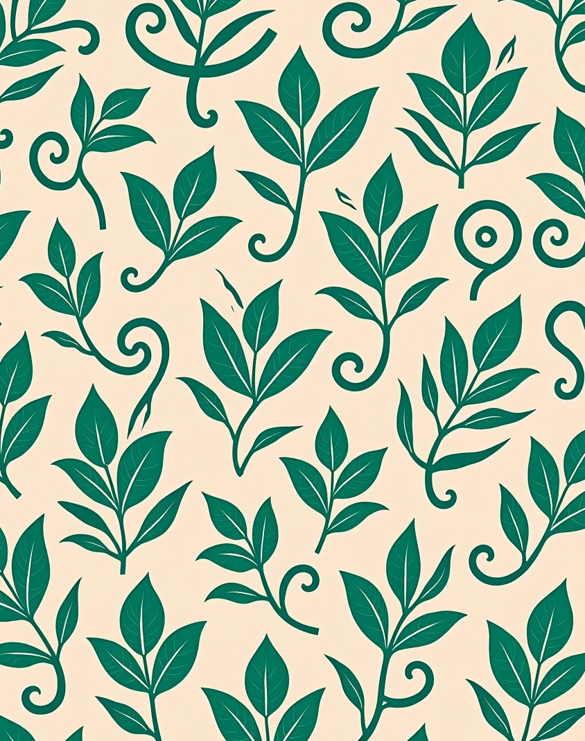Green Leaf Scroll Pattern on Beige Rug