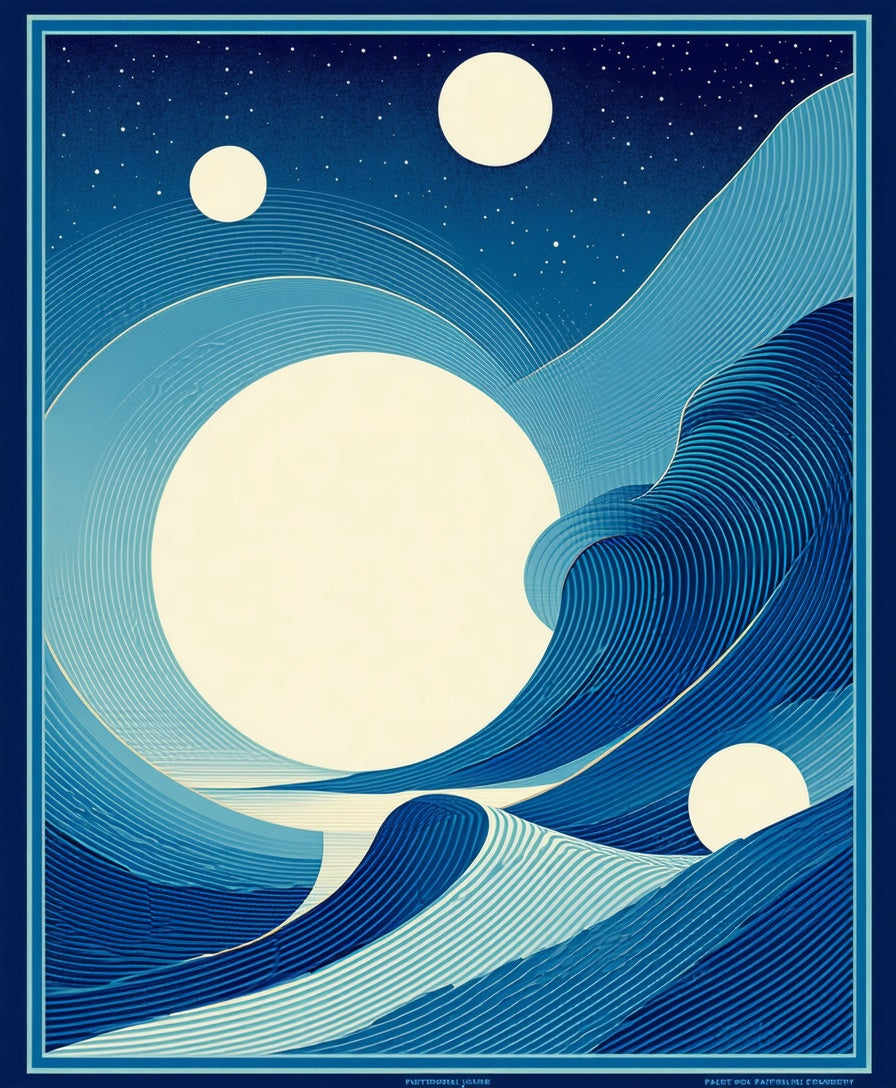 Abstract Blue Wave Moonscape Pattern Rug