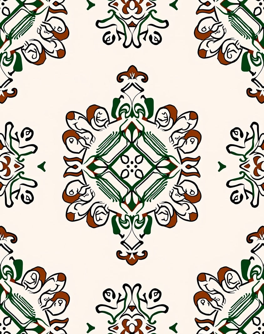 Ornate Green Brown Floral Medallion Rug