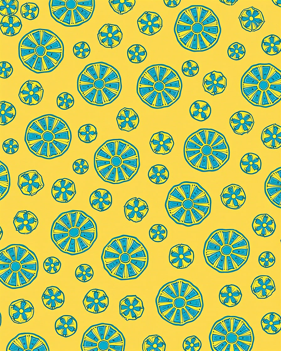 Fun Yellow Blue Round Pattern Rug