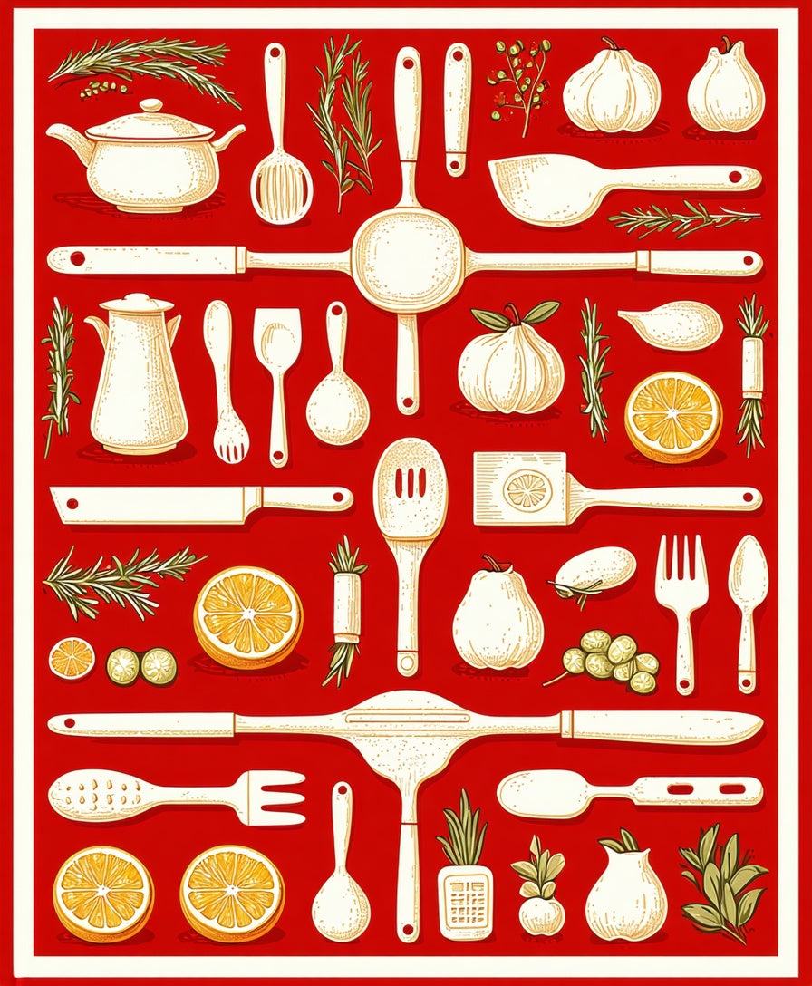 Whimsical Kitchen Utensil Citrus Pattern Rug