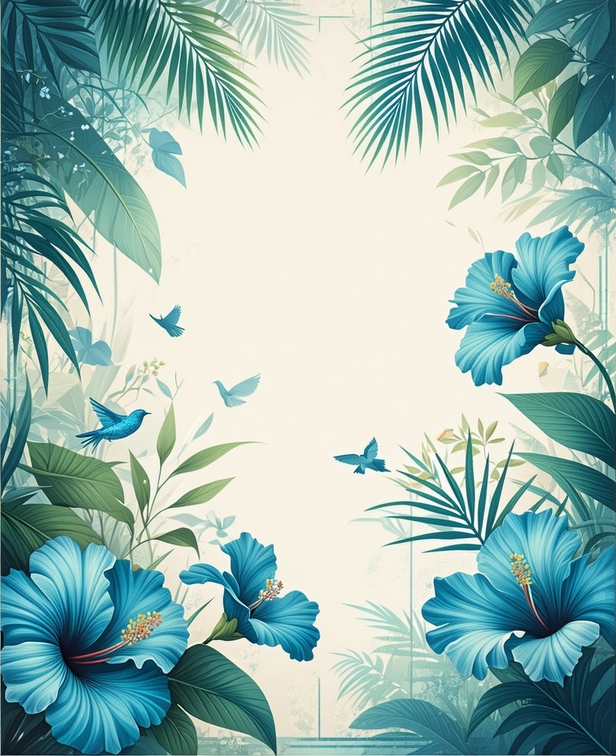 Tropical Blue Hibiscus and Fern Botanical Design Rug