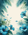 Tropical Blue Hibiscus and Fern Botanical Design Rug