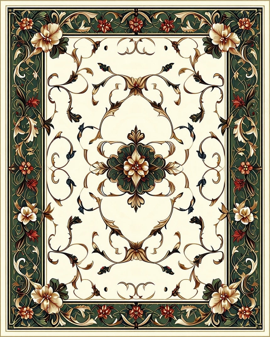 Ornate Floral Swirls In Cream And Green Rug