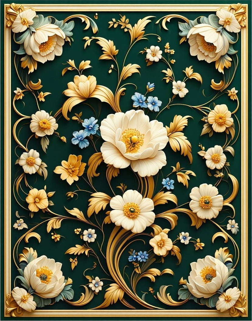 Opulent Floral Gold Curled Vine Rug