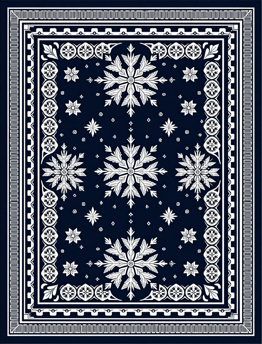 Navy White Snowflake Mandala Border Rug