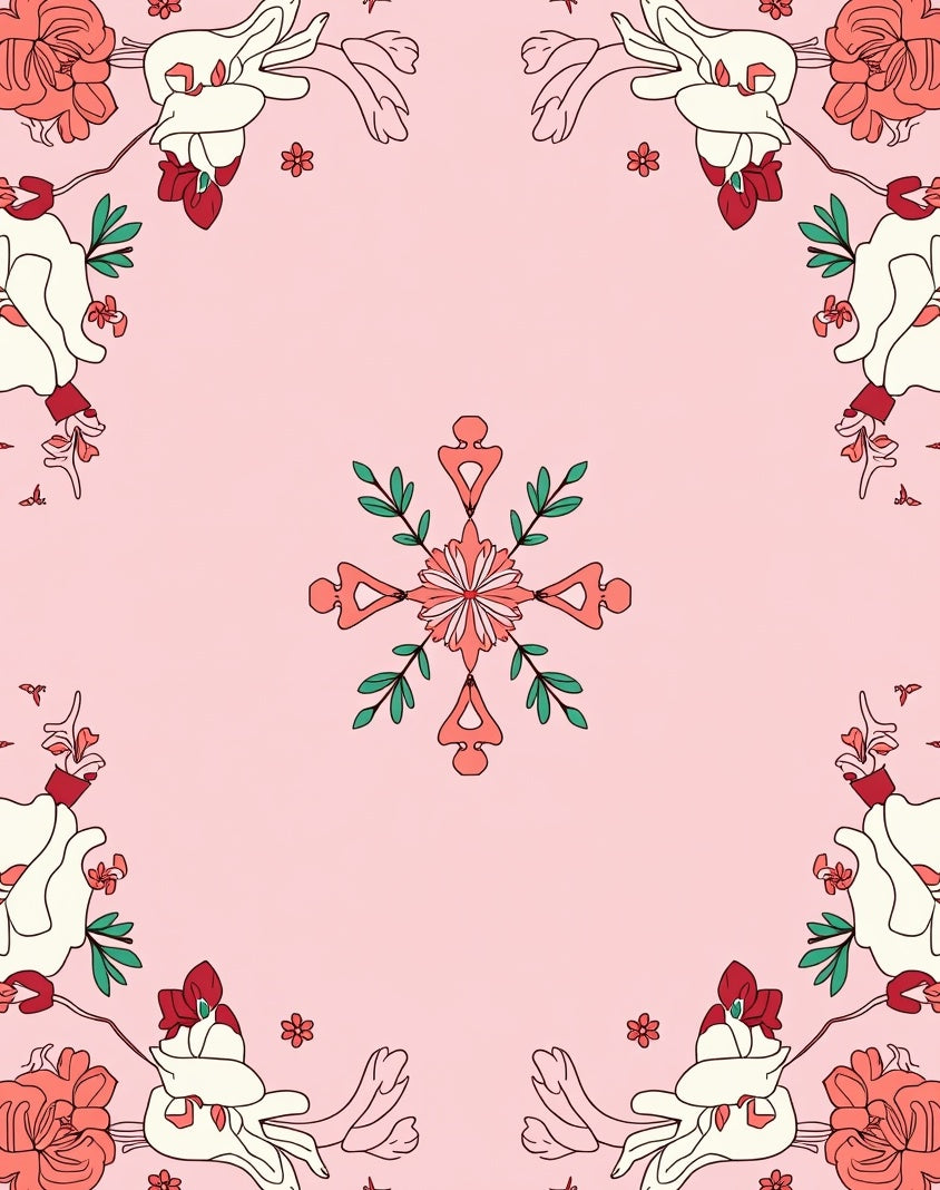 Coral Cream Floral Frame Rug
