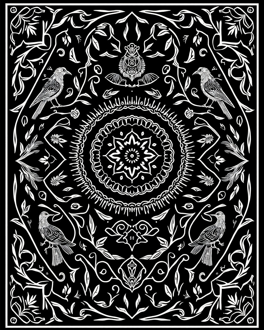 Black White Nature Bird Mandala Pattern Rug