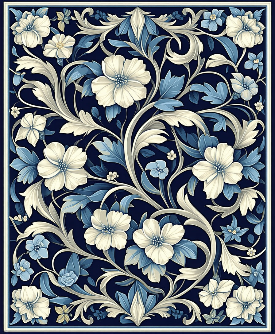 Navy Blue Floral Pattern Rug
