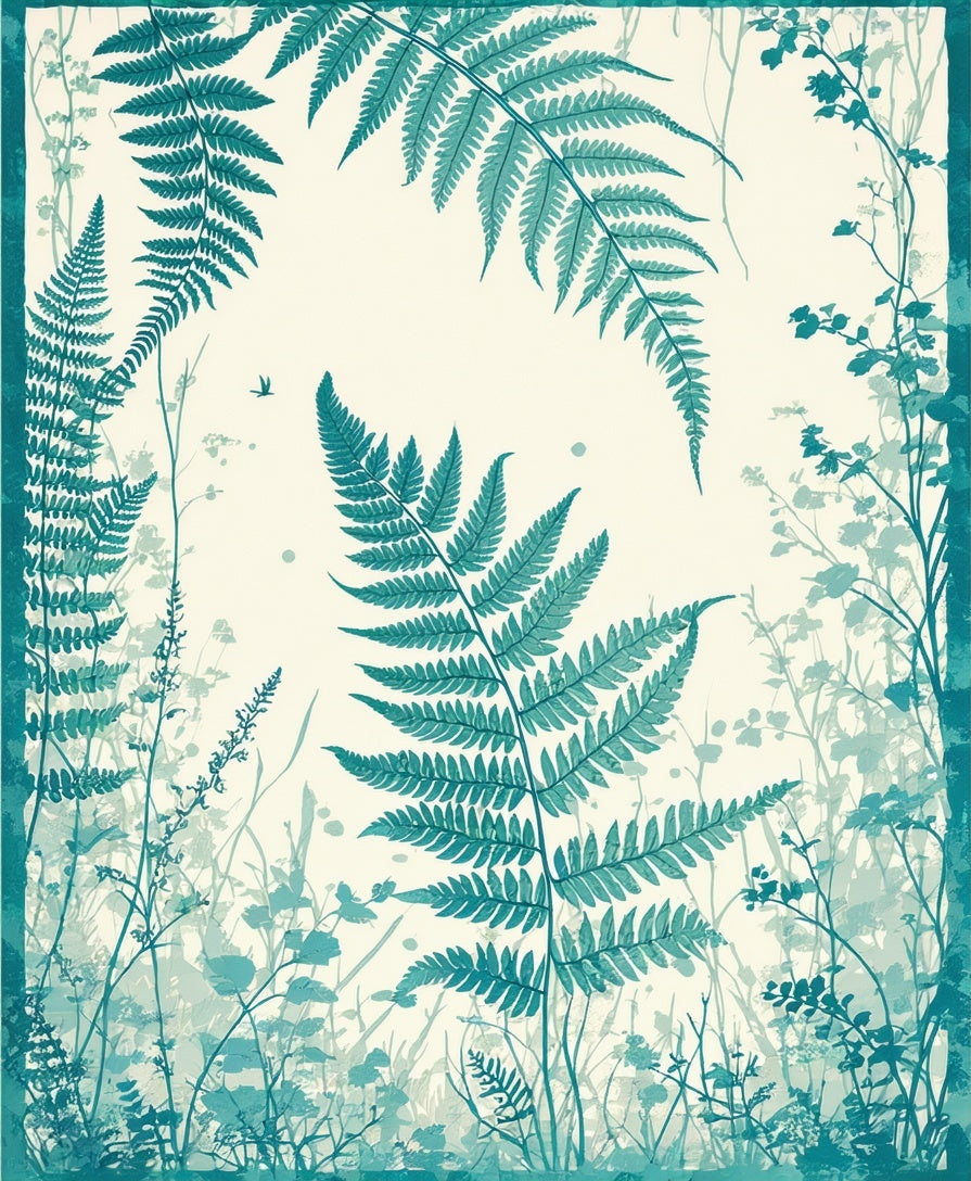 Teal Fern Botanical Nature Print Rug