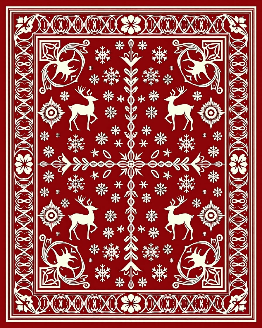 Crimson Deer Snowflake Forest Border Rug
