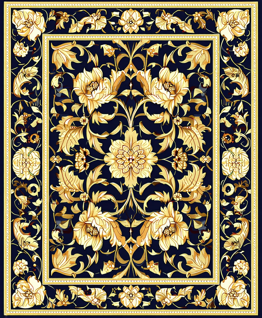 Classic Floral Golden Dark Blue Rug