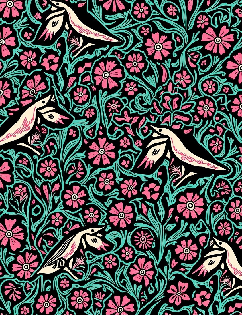 Pink Floral Bird Pattern Rug