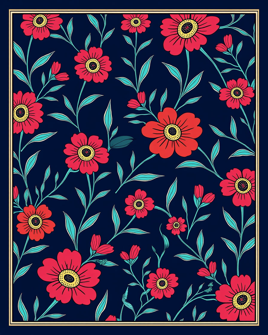 Floral Vine Dark Blue Pattern Rug