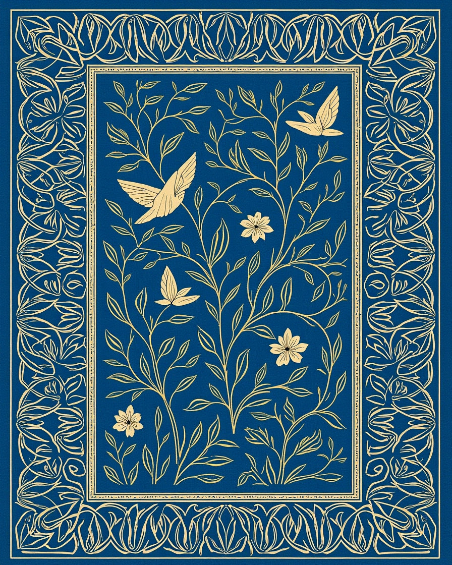 Blue Floral Birds Vines Design Rug