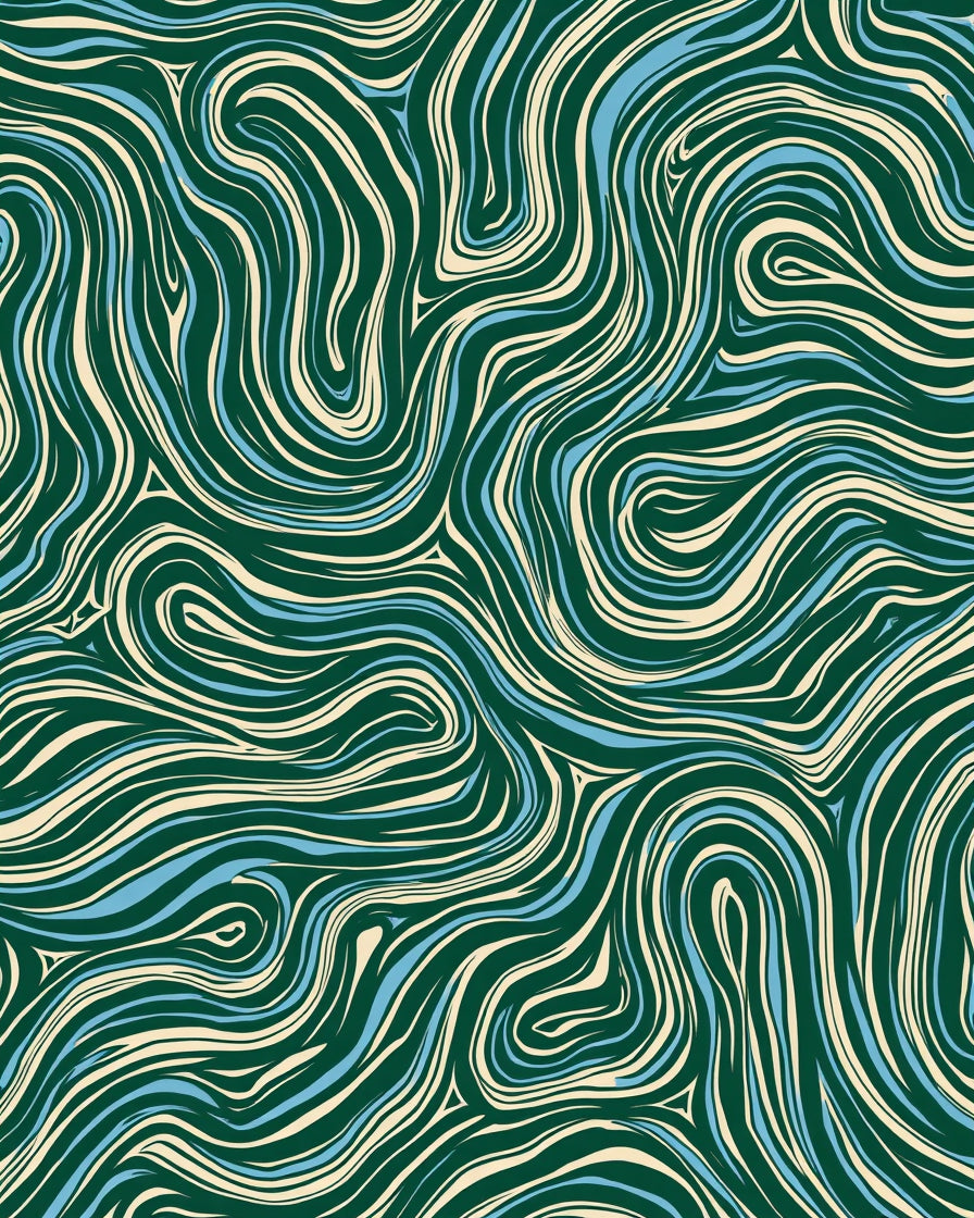 Swirling Lines Green Ivory Blue Pattern Rug